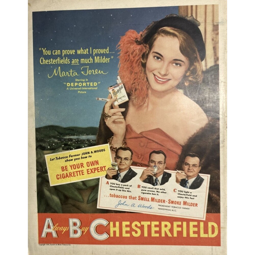 Chesterfield Cigarettes Martha Toren Starring in "Deported" Vintage Print Ad '50